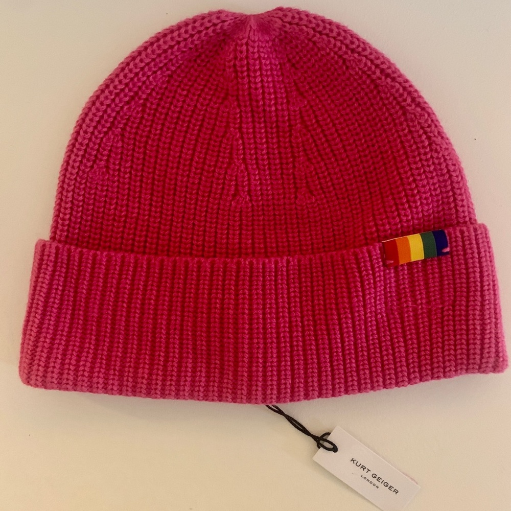 Kurt Geiger London Knit Beanie in Hot Pink with Rainbow Emblem (New with tags)
